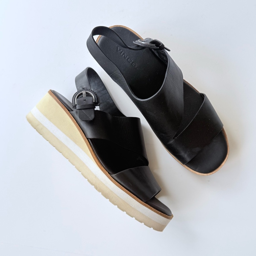 Vince Shelby Wedge Sandal in Asymmetrical Black Leather Size 5.5